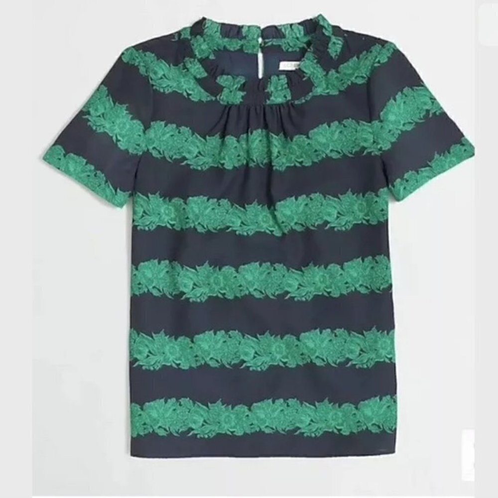 J. Crew Factory Women's Size 0 Beanstalk Ruffle Collar Blouse Navy Blue Green